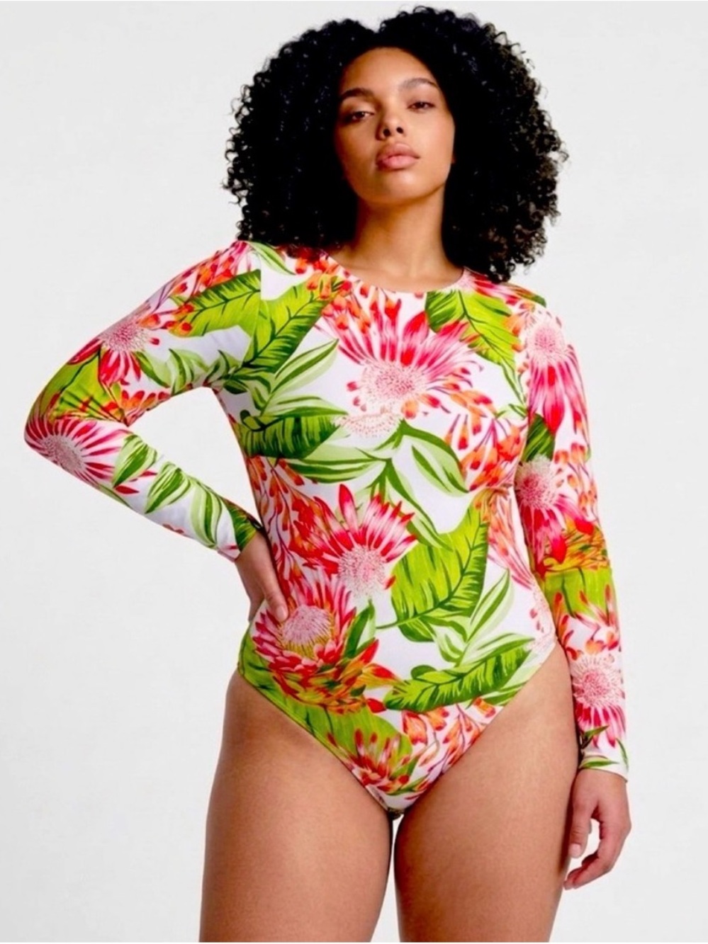 Caribbean Joe Long-Sleeve Floral One-Piece Swimsuit - Pink & Green